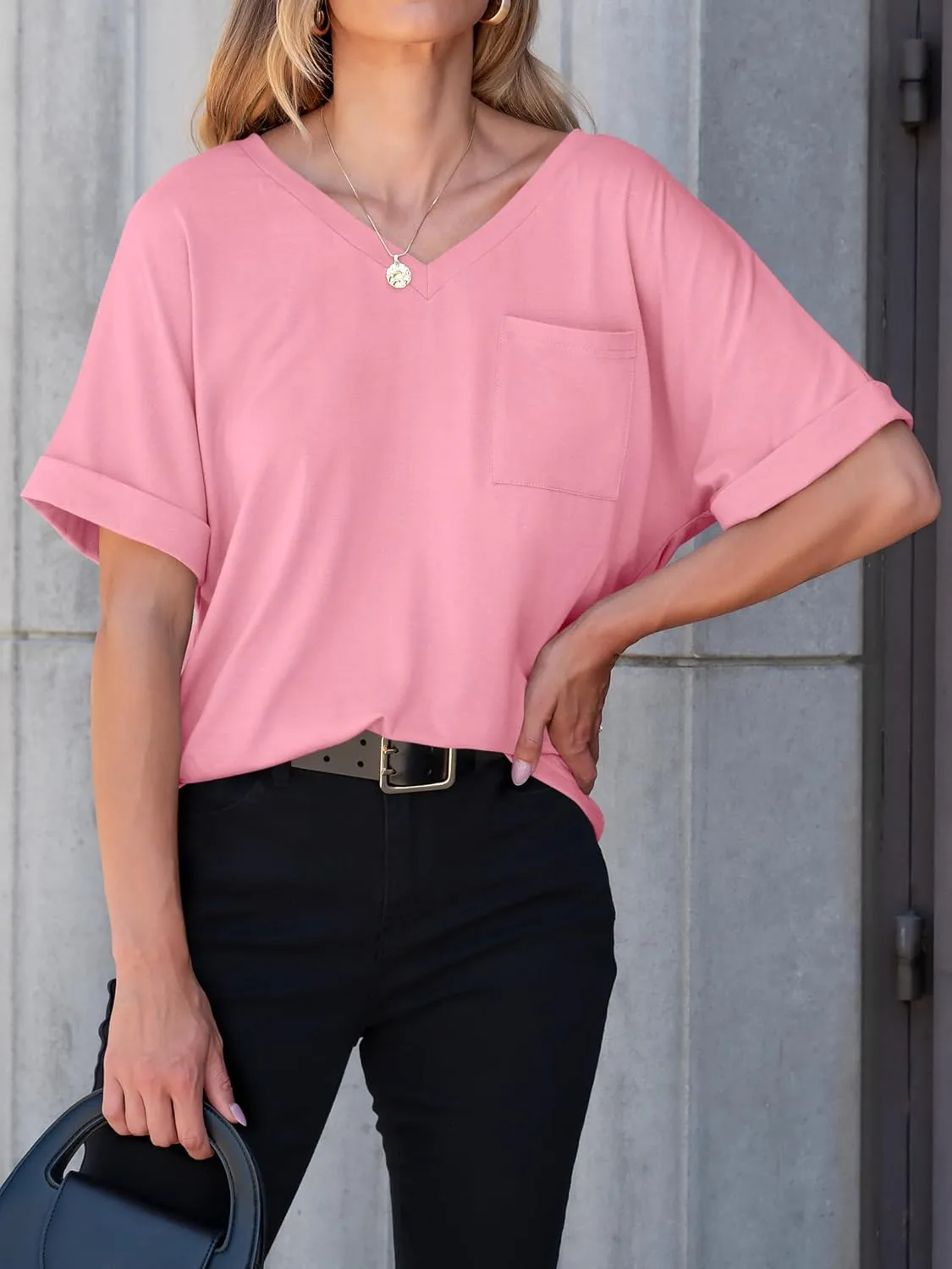 ANRABESS Women T Shirts Oversized Short Sleeve V Neck 2025 Summer Casual Loose Tops Basic Tee Shirts Outfits with Pocket