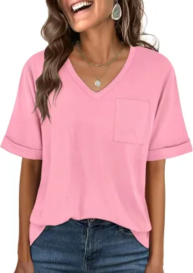 ANRABESS Women T Shirts Oversized Short Sleeve V Neck 2025 Summer Casual Loose Tops Basic Tee Shirts Outfits with Pocket