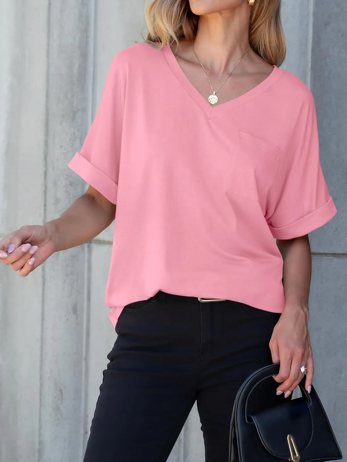ANRABESS Women T Shirts Oversized Short Sleeve V Neck 2025 Summer Casual Loose Tops Basic Tee Shirts Outfits with Pocket
