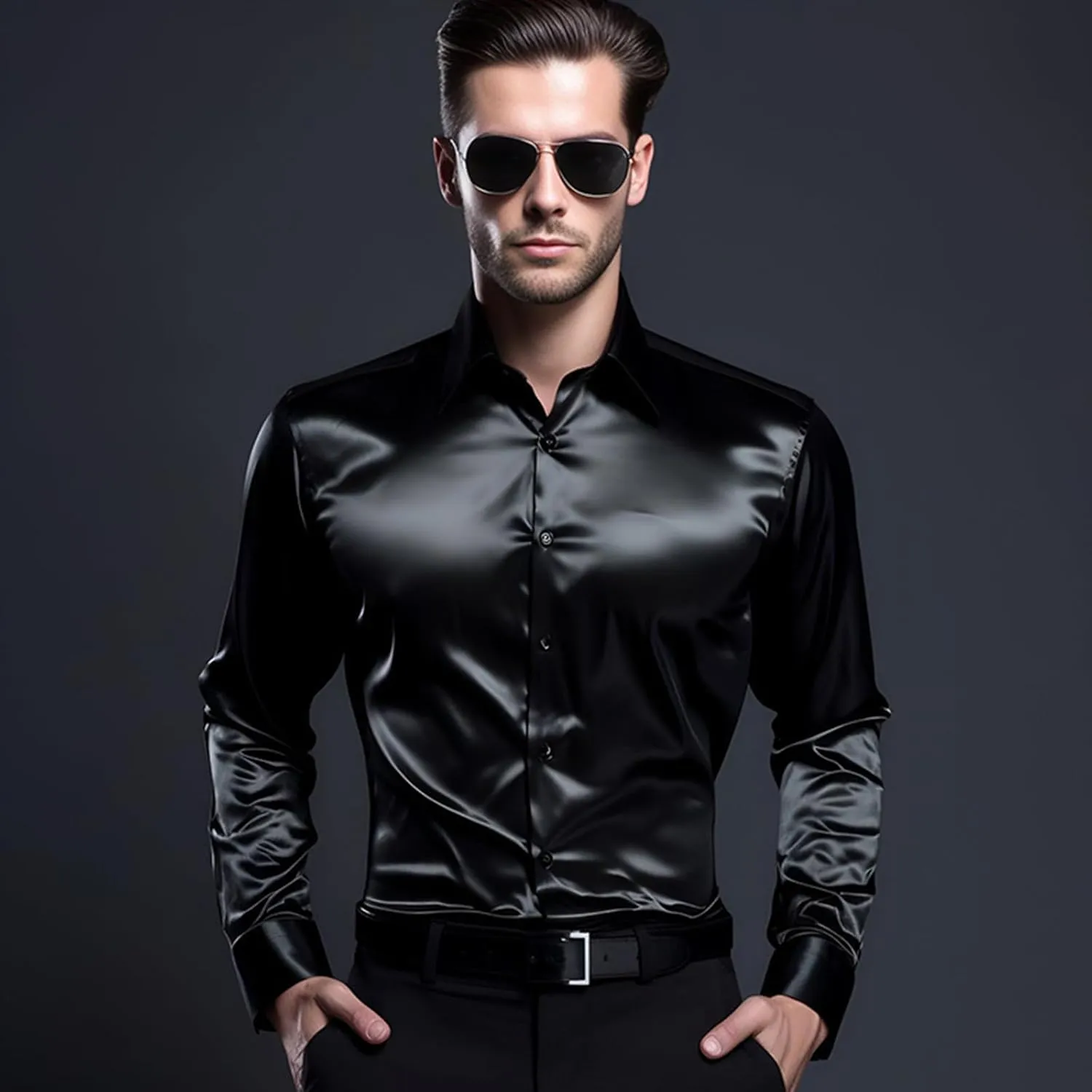 AOTORR Men's Luxury Shiny Silk Like Satin Button Up Dress Shirts Slim Fit Long Sleeve Nightclub Party Disco Prom Shirts