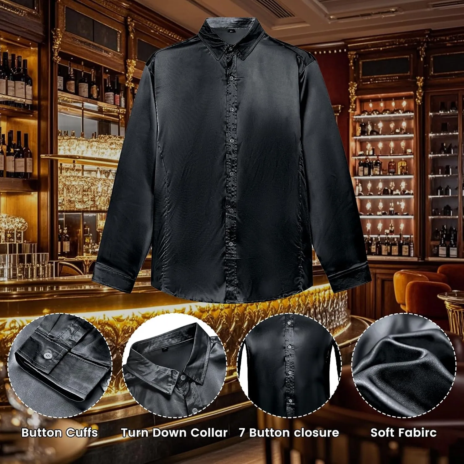 AOTORR Men's Luxury Shiny Silk Like Satin Button Up Dress Shirts Slim Fit Long Sleeve Nightclub Party Disco Prom Shirts