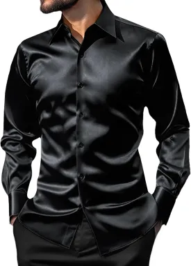 AOTORR Men's Luxury Shiny Silk Like Satin Button Up Dress Shirts Slim Fit Long Sleeve Nightclub Party Disco Prom Shirts