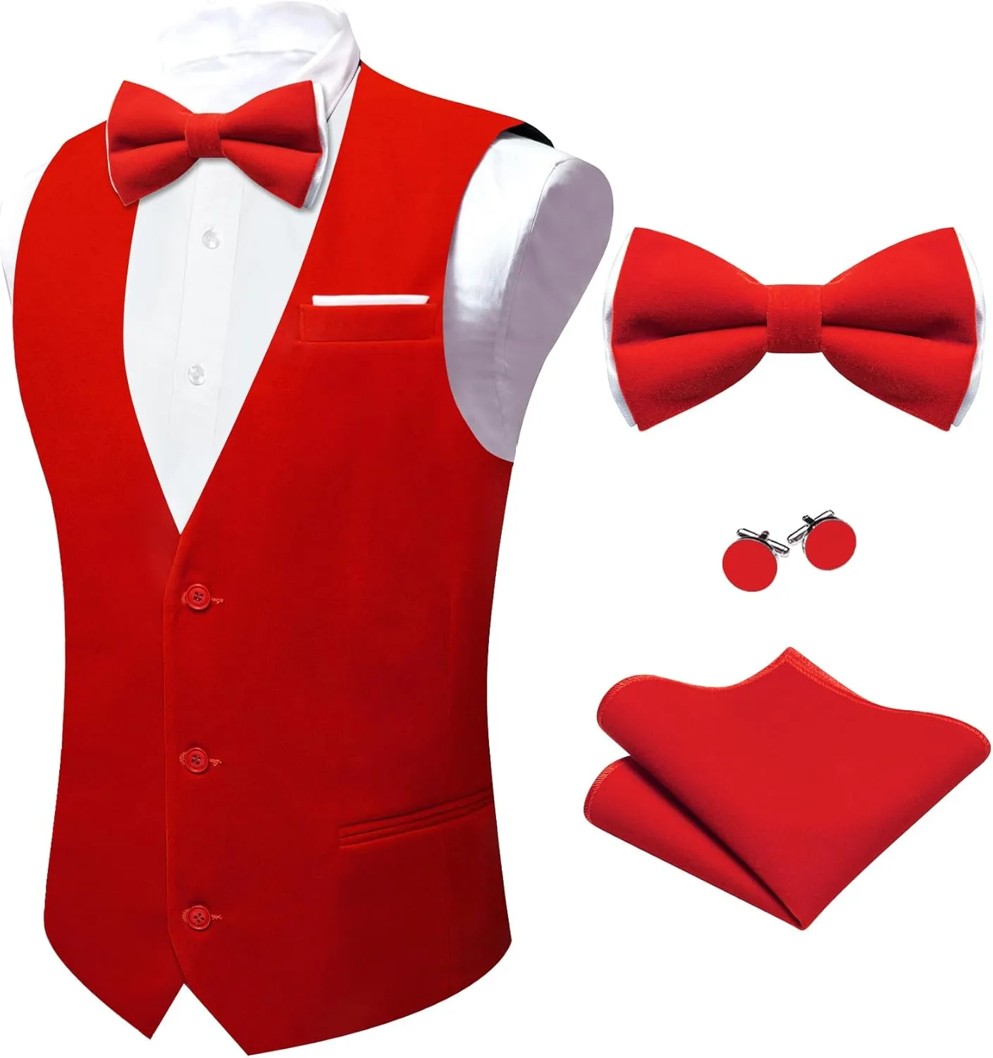 Barry.Wang Men's Velvet Vests Formal Waistcoat Bowtie Set Hanky Cufflink Armband Wedding Party Tuxedo Vest 6PCS