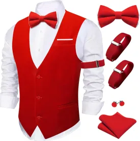 Barry.Wang Men's Velvet Vests Formal Waistcoat Bowtie Set Hanky Cufflink Armband Wedding Party Tuxedo Vest 6PCS