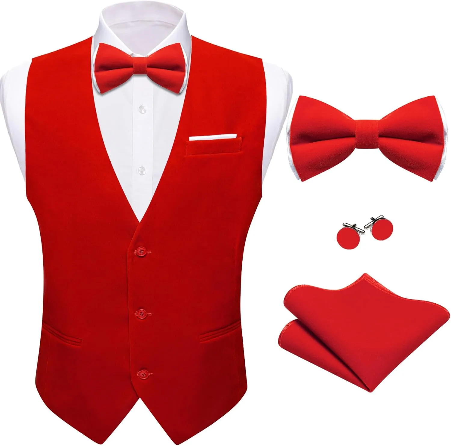 Barry.Wang Men's Velvet Vests Formal Waistcoat Bowtie Set Hanky Cufflink Armband Wedding Party Tuxedo Vest 6PCS