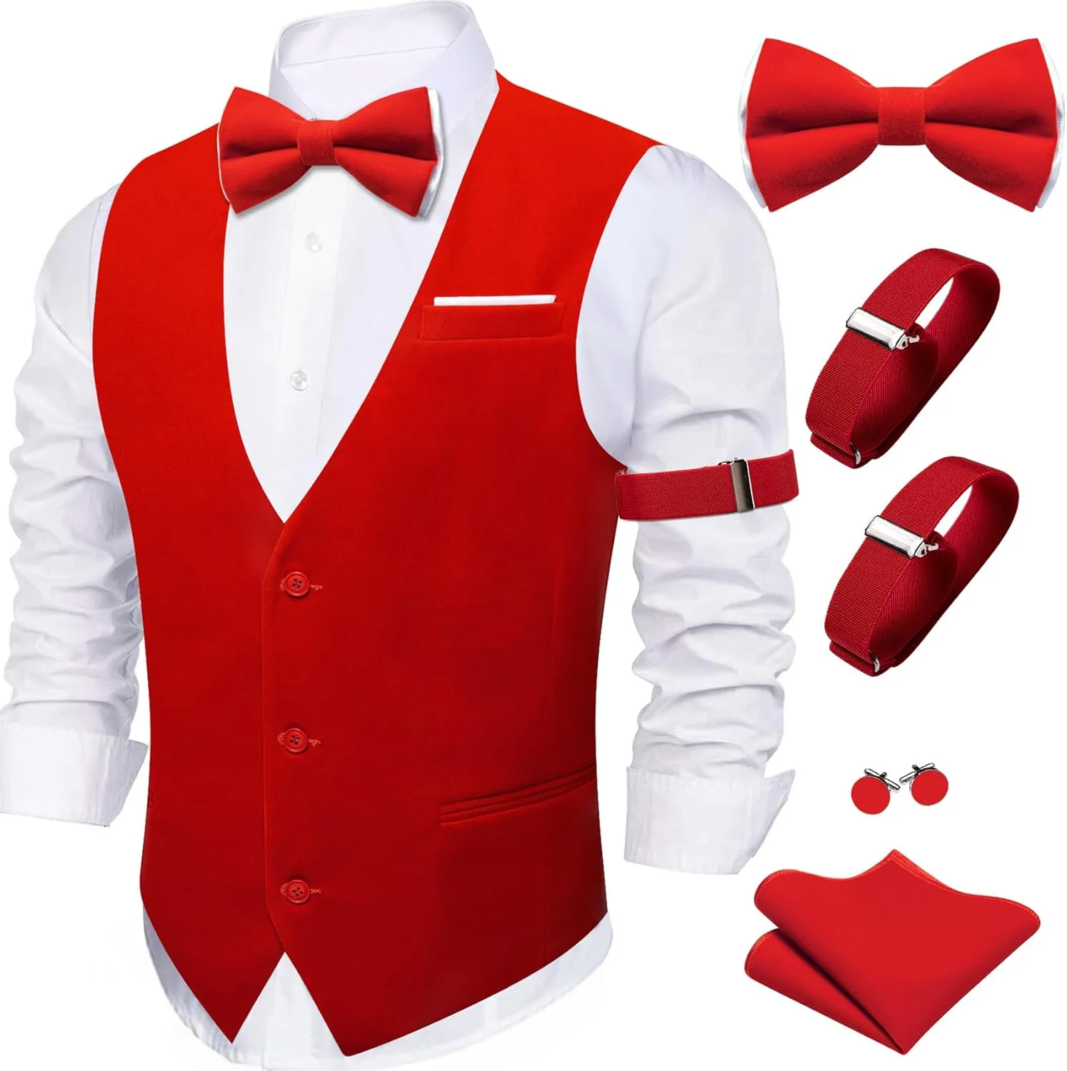 Barry.Wang Men's Velvet Vests Formal Waistcoat Bowtie Set Hanky Cufflink Armband Wedding Party Tuxedo Vest 6PCS