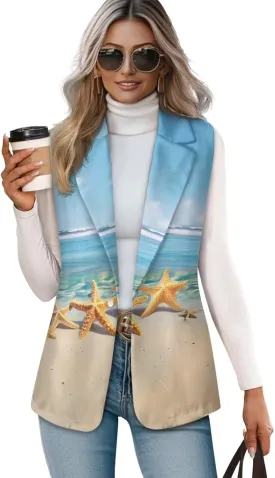 Biyejit Women Sleeveless Blazer Vest Spring Casual Open Front Lapel V Neck Office Waistcoat Long Vests Button Suit Vest