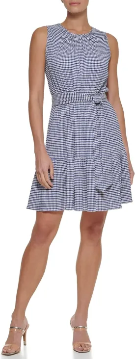 DKNY womens Belted Sleeveless Ruffle Hem Dress