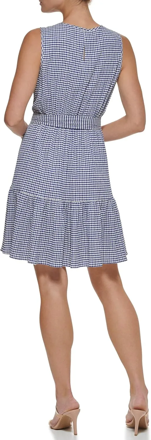 DKNY womens Belted Sleeveless Ruffle Hem Dress
