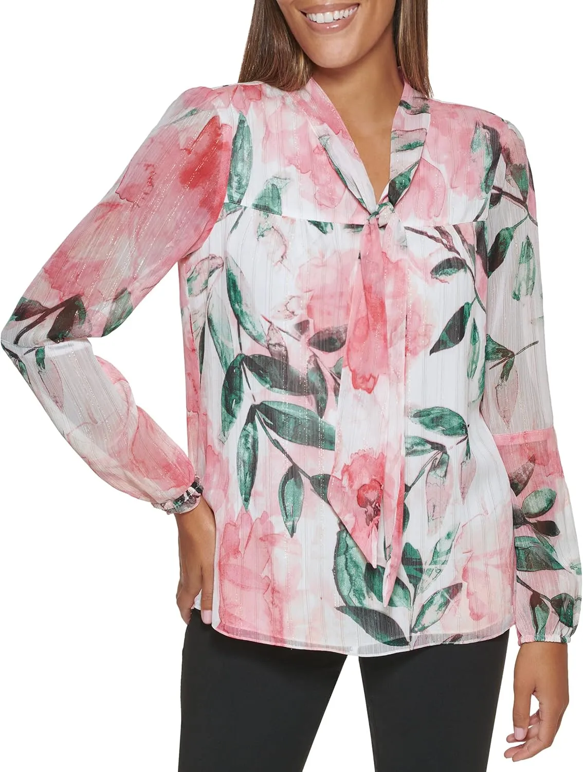 DKNY Women's Long Balloon Sleeve Blouse