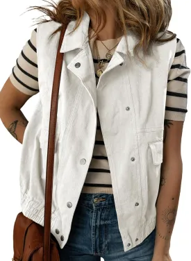 Dokotoo Womens Vests Outerwear Button-Down Lapel Collar Elastic Hem Lightweight Spring Waistcoat Sleeveless Jacket Cargo Vest
