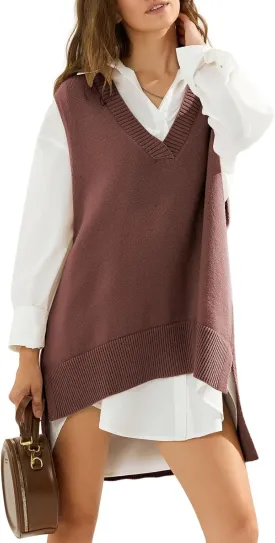 EXLURA Womens Oversized Sweater Vest Knit V Neck Tunic Casual Sleeveless Long Pullover Tank Tops Winter Spring Trendy 2025