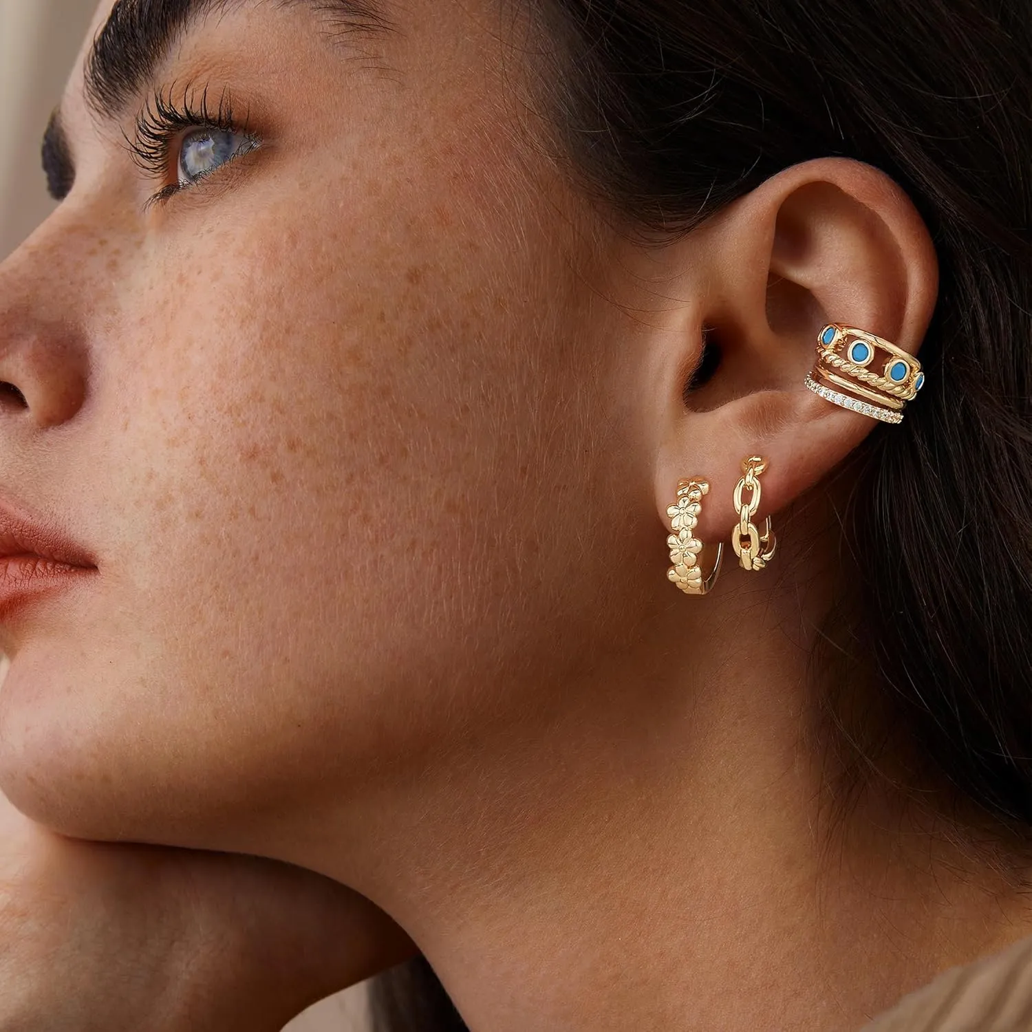FETTERO Women's Ear Cuff Non Piercing Chunky Gold Ear Cuff Earrings Turquoise Clip On Earrings Huggie Hoop Earrings Cartilage Fake Non Pierced Earrings -Single