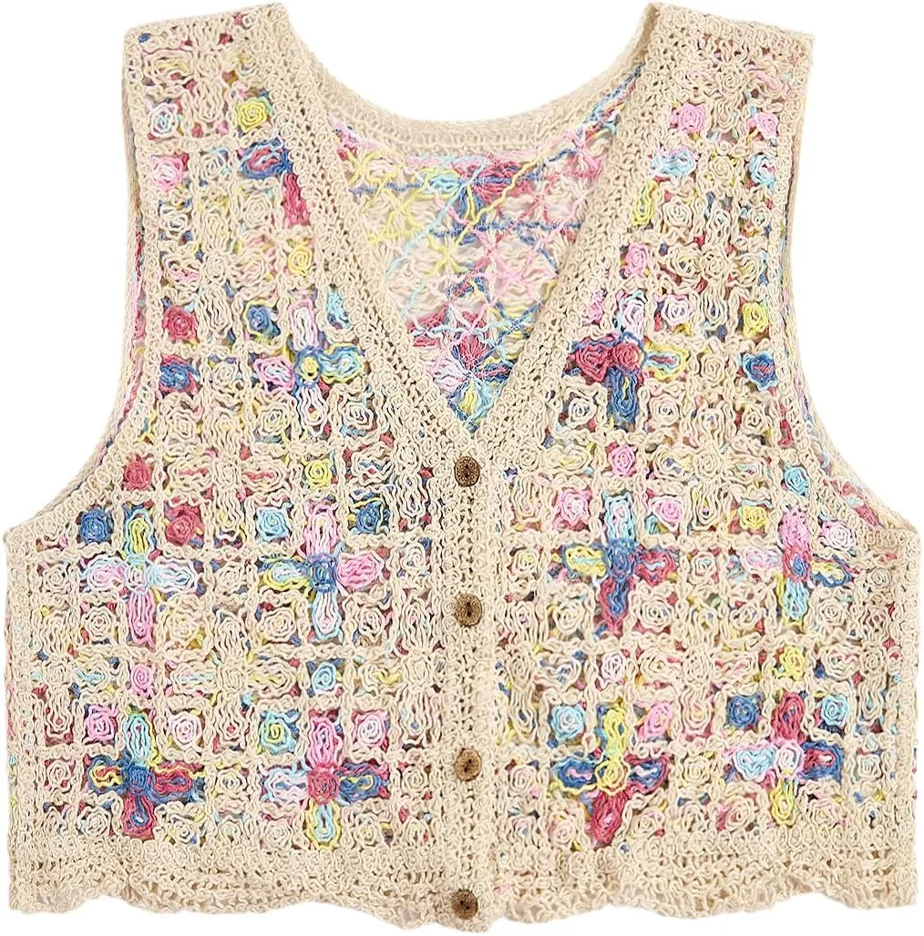 GORGLITTER Women's Crochet Knit Sweater Vest Sleeveless Button Front Cropped Vests