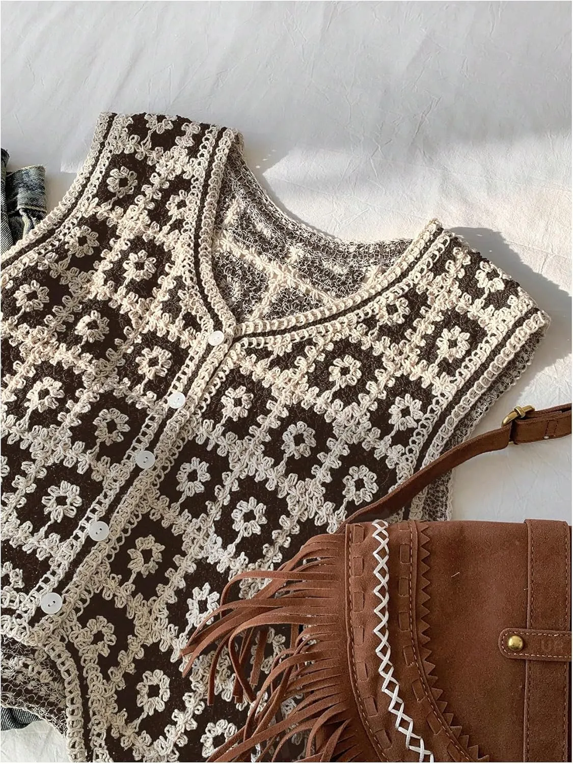 GORGLITTER Women's Crochet Knit Sweater Vest Sleeveless Button Front Cropped Vests