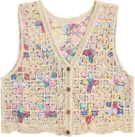 GORGLITTER Women's Crochet Knit Sweater Vest Sleeveless Button Front Cropped Vests