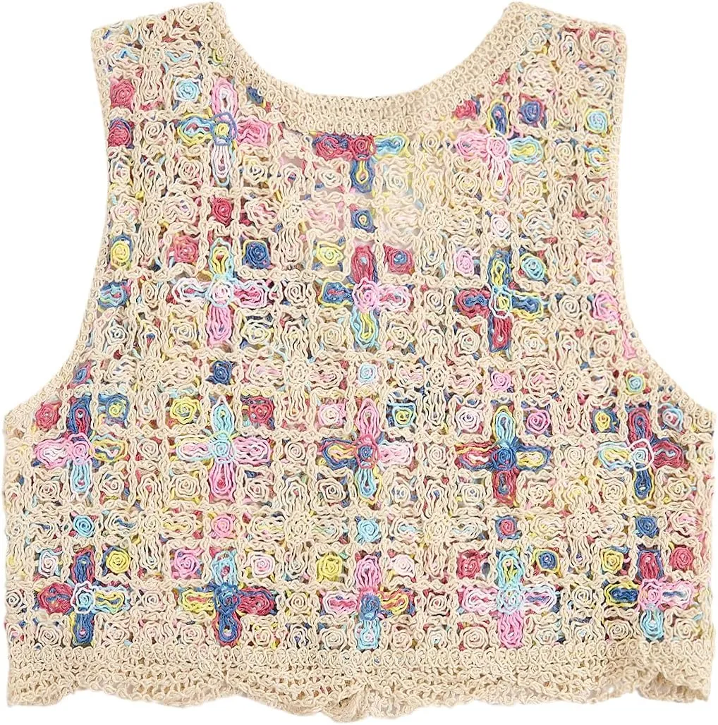 GORGLITTER Women's Crochet Knit Sweater Vest Sleeveless Button Front Cropped Vests