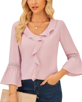 GRACE KARIN Womens V Neck Ruffle Tops 3/4 Sleeve Tops Business Casual Blouses Dressy Shirts Lace Patchwork Shirts