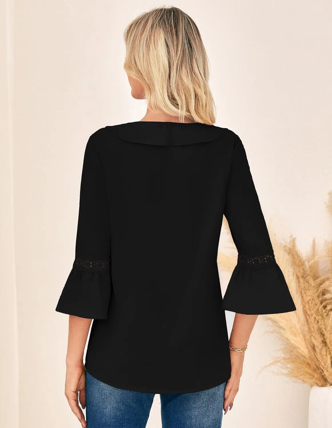 GRACE KARIN Womens V Neck Ruffle Tops 3/4 Sleeve Tops Business Casual Blouses Dressy Shirts Lace Patchwork Shirts