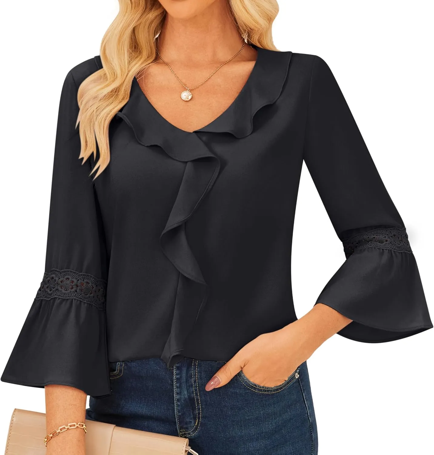 GRACE KARIN Womens V Neck Ruffle Tops 3/4 Sleeve Tops Business Casual Blouses Dressy Shirts Lace Patchwork Shirts