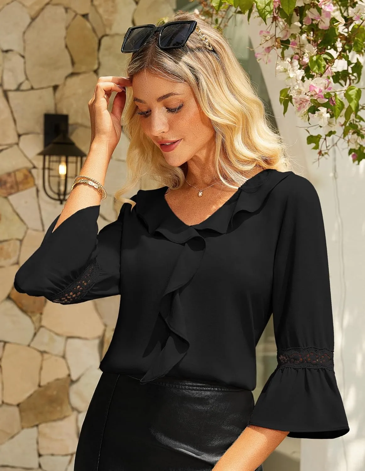 GRACE KARIN Womens V Neck Ruffle Tops 3/4 Sleeve Tops Business Casual Blouses Dressy Shirts Lace Patchwork Shirts