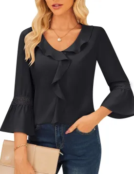 GRACE KARIN Womens V Neck Ruffle Tops 3/4 Sleeve Tops Business Casual Blouses Dressy Shirts Lace Patchwork Shirts