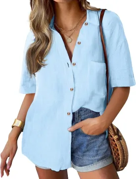 HOTOUCH Linen Shirts for Women Button Down Shirt Cotton Short Sleeve Loose Fit Blouse Collared Casual Work Tops S-XXL