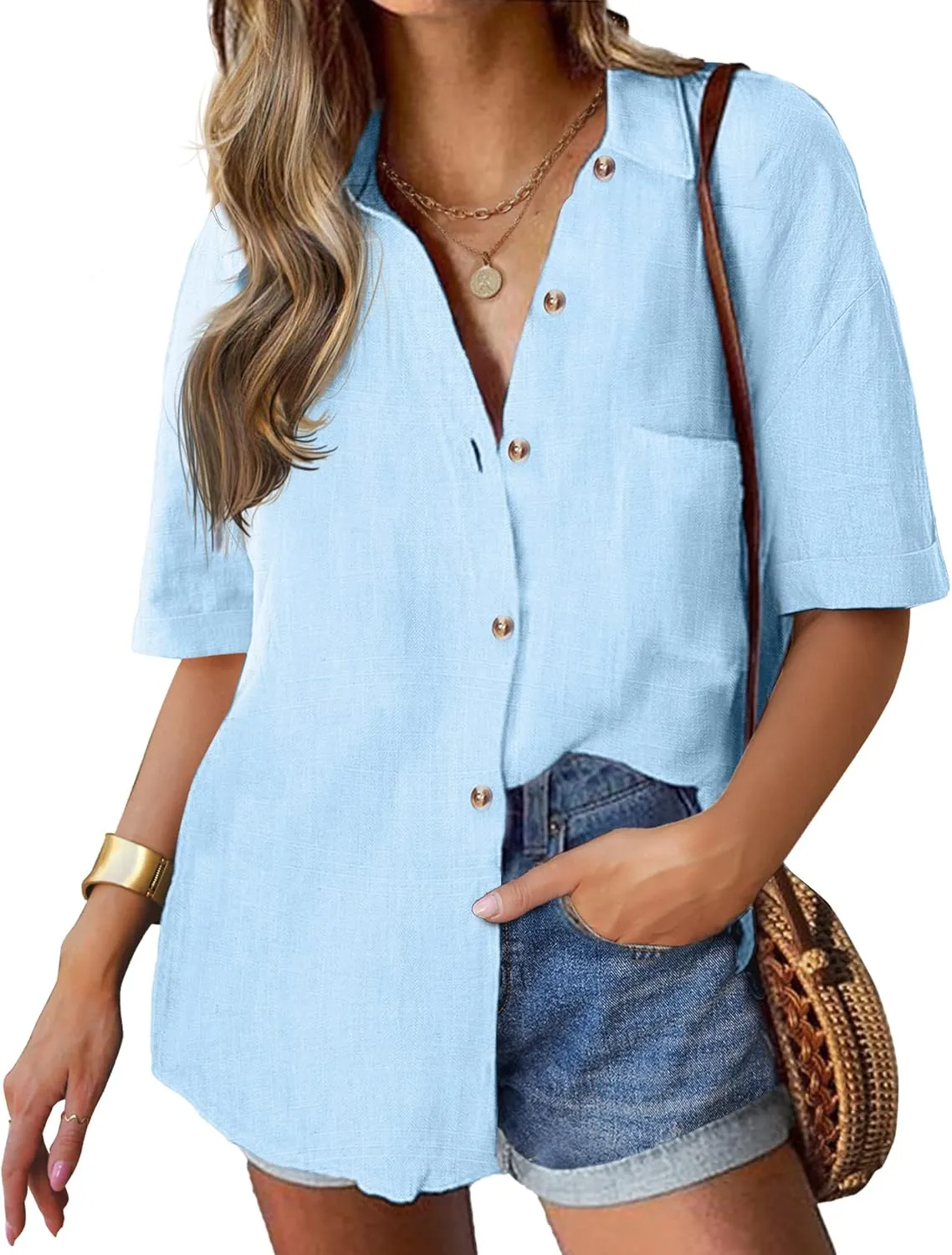 HOTOUCH Linen Shirts for Women Button Down Shirt Cotton Short Sleeve Loose Fit Blouse Collared Casual Work Tops S-XXL