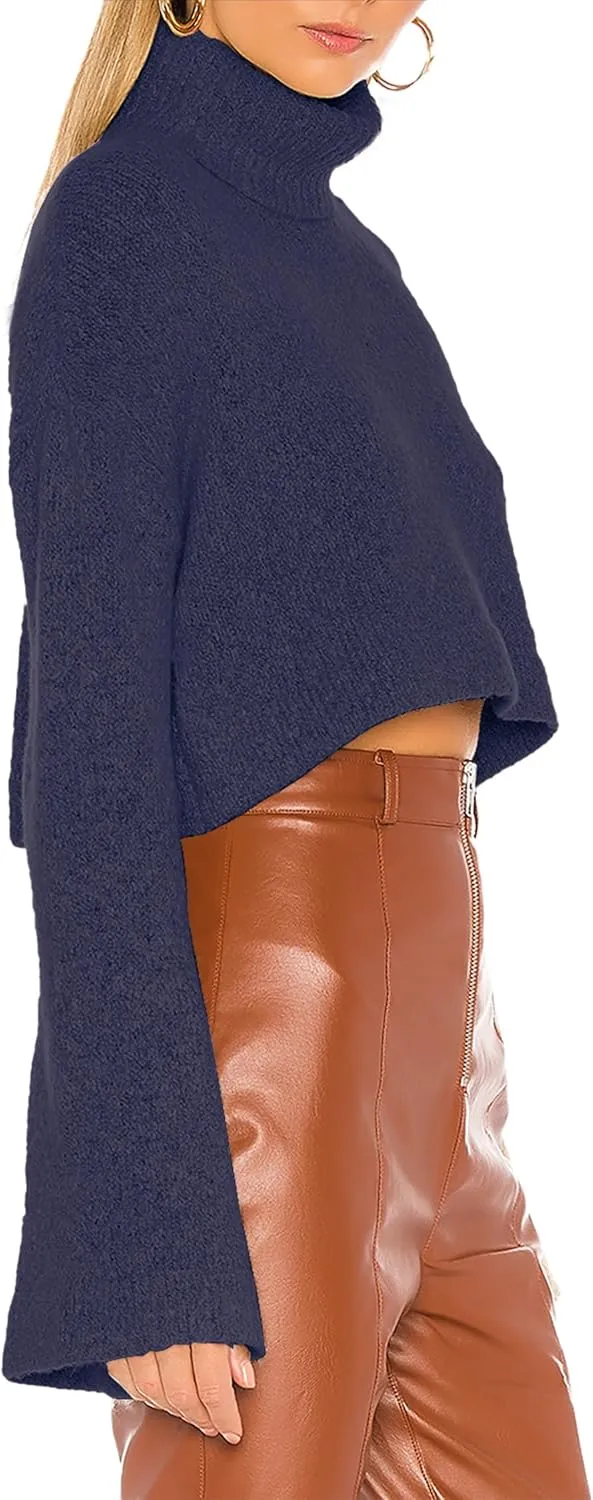 Jumppmile Women's Crop Sweater Turtleneck Long Sleeve Lightweight Fleece Cropped Pullover Sweater Top