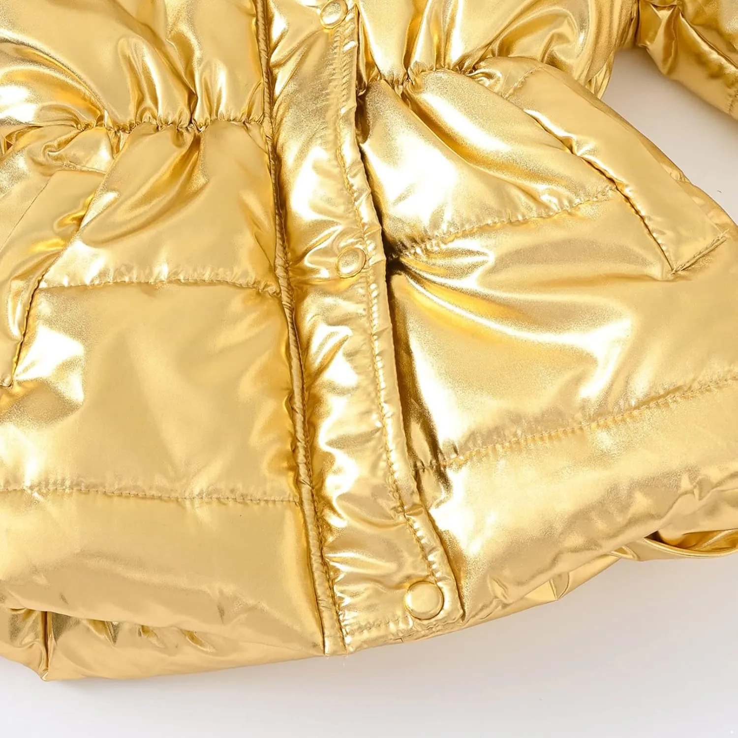 Kids Girls Medium Long Puffer Jacket Metallic Glitter Long Sleeve Winter Coat with Faux Fur Hooded