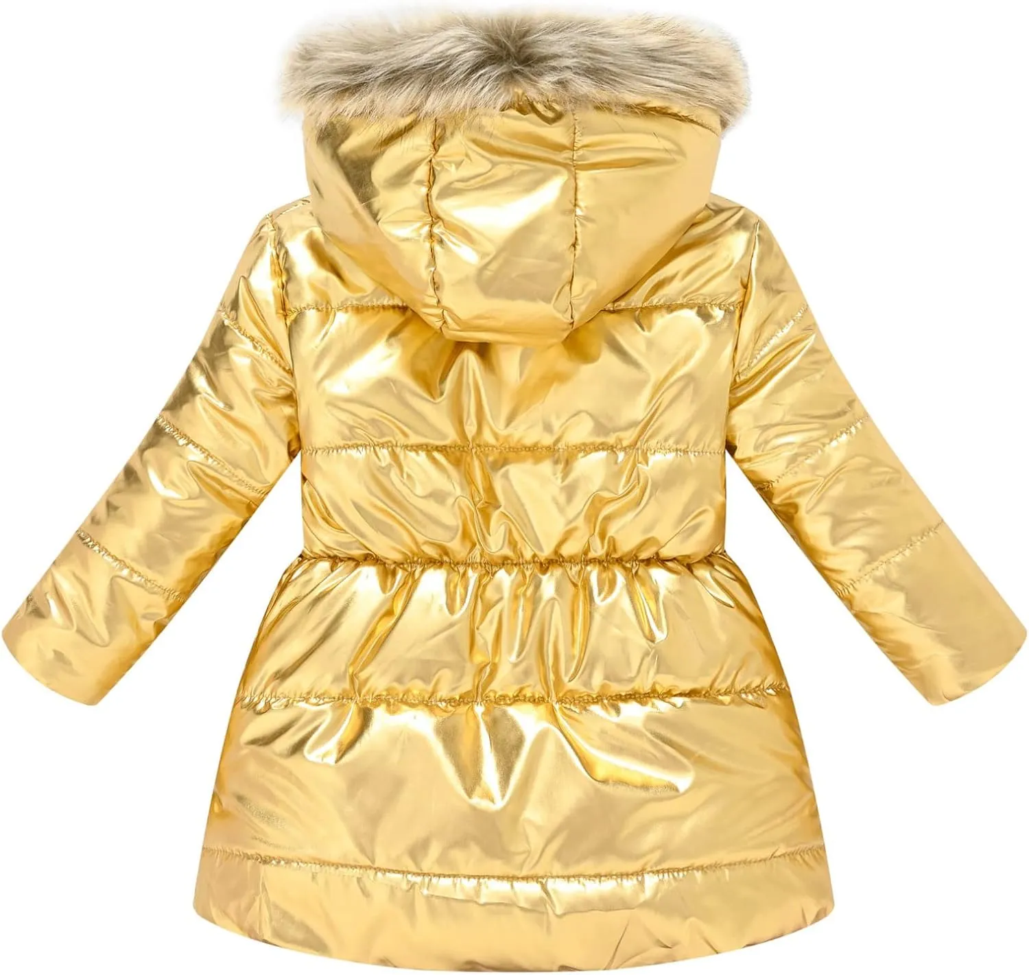 Kids Girls Medium Long Puffer Jacket Metallic Glitter Long Sleeve Winter Coat with Faux Fur Hooded
