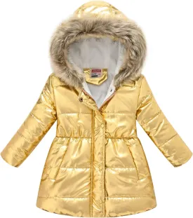 Kids Girls Medium Long Puffer Jacket Metallic Glitter Long Sleeve Winter Coat with Faux Fur Hooded