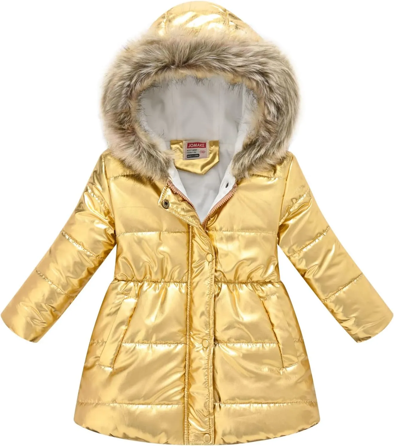 Kids Girls Medium Long Puffer Jacket Metallic Glitter Long Sleeve Winter Coat with Faux Fur Hooded