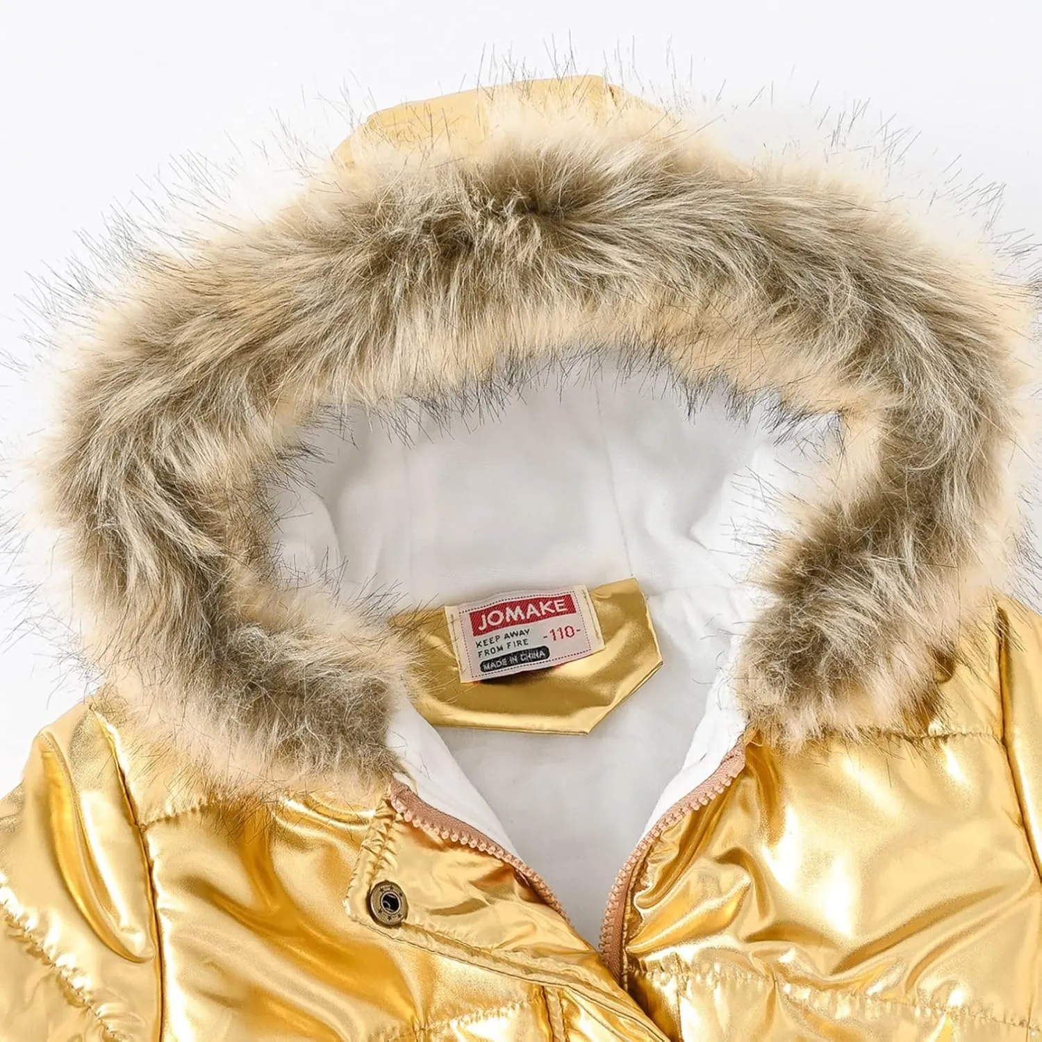 Kids Girls Medium Long Puffer Jacket Metallic Glitter Long Sleeve Winter Coat with Faux Fur Hooded