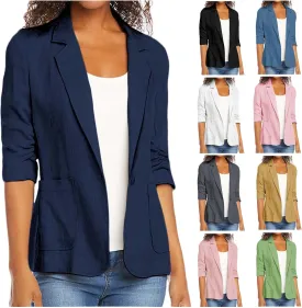 Linen Blazer Women Fall Fashion 3/4 Sleeve Open Front Business Casual Blazers Lightweight Work Office Suit Jackets