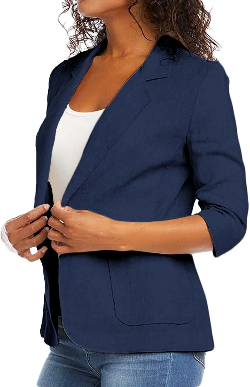 Linen Blazer Women Fall Fashion 3/4 Sleeve Open Front Business Casual Blazers Lightweight Work Office Suit Jackets