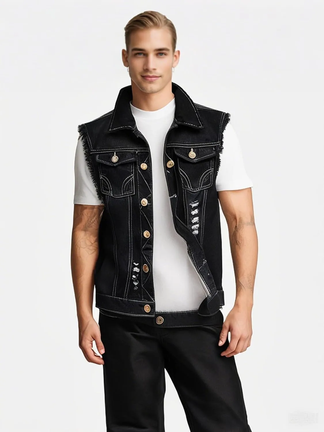 LONGBIDA Men's Denim Vest Casual Slim Fit Sleeveless Jacket Vintage Ripped Summer Jean Vests