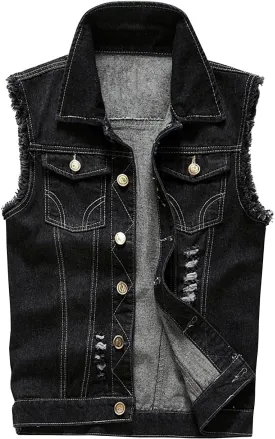 LONGBIDA Men's Denim Vest Casual Slim Fit Sleeveless Jacket Vintage Ripped Summer Jean Vests