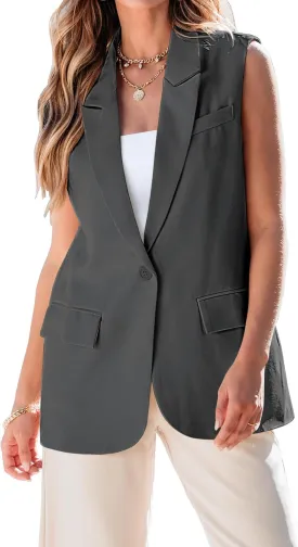luvamia Long Vest for Women 2025 Spring Business Casual Sleeveless Open Front Blazers Suit Vests Top Pockets Work Office
