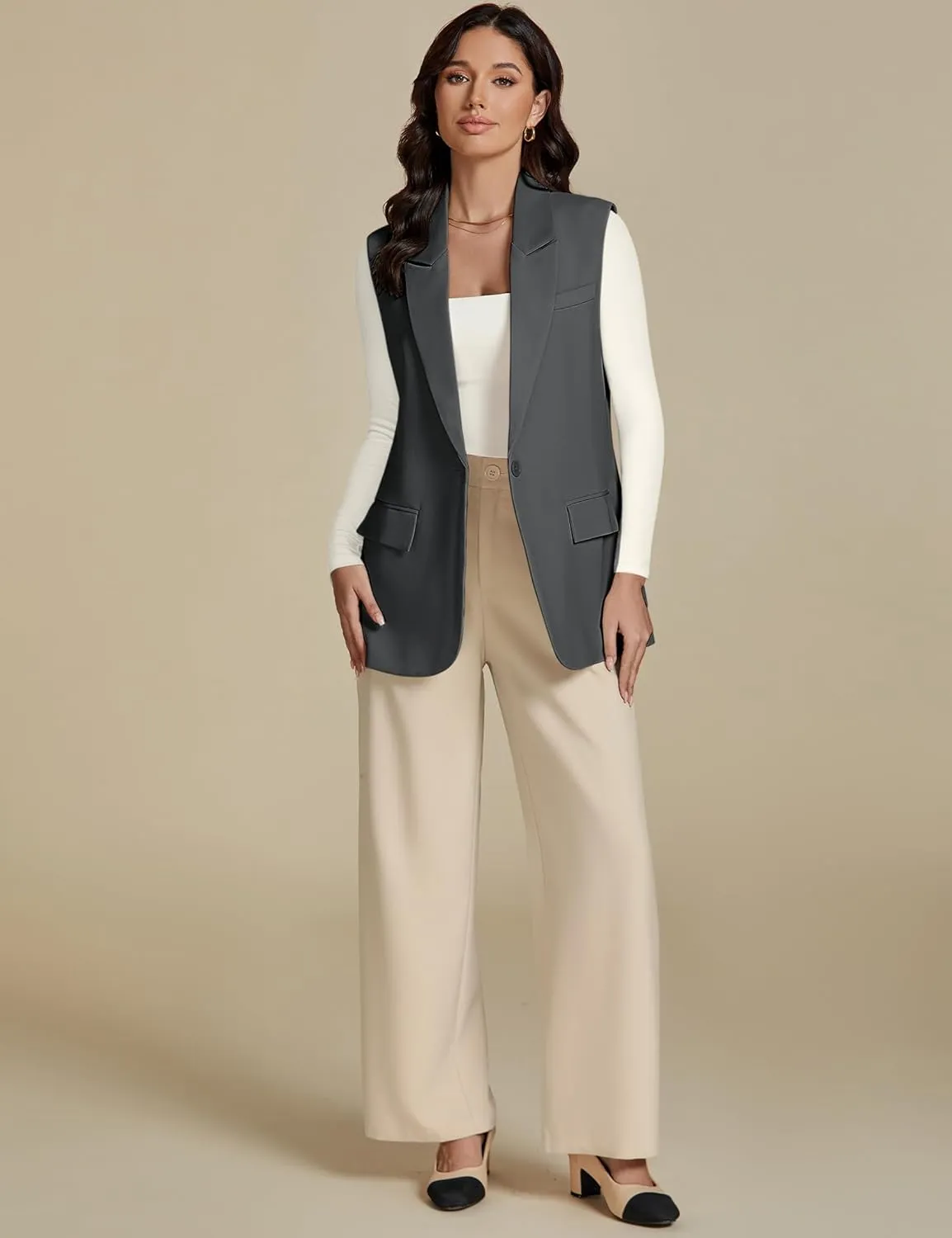 luvamia Long Vest for Women 2025 Spring Business Casual Sleeveless Open Front Blazers Suit Vests Top Pockets Work Office