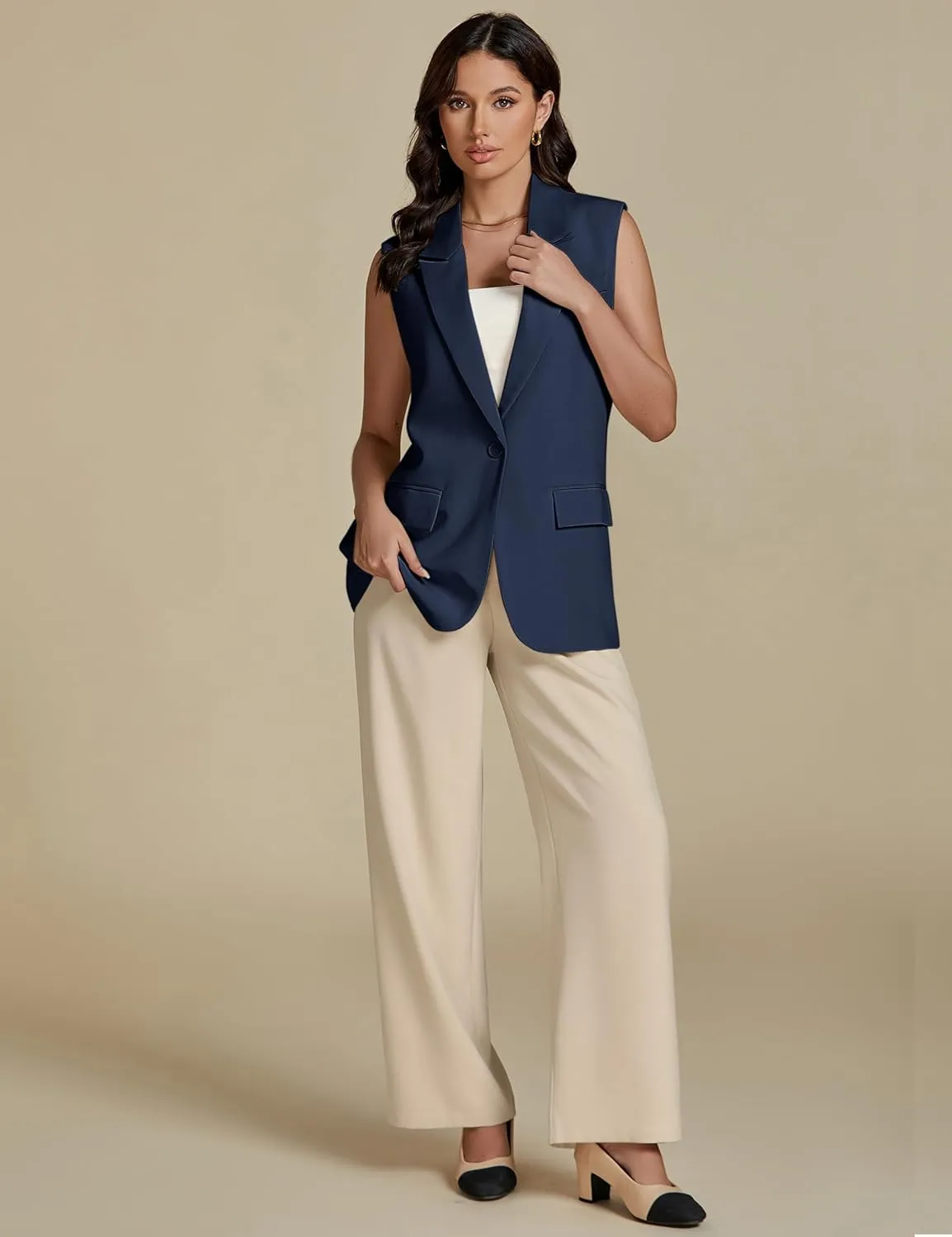 luvamia Long Vest for Women 2025 Spring Business Casual Sleeveless Open Front Blazers Suit Vests Top Pockets Work Office