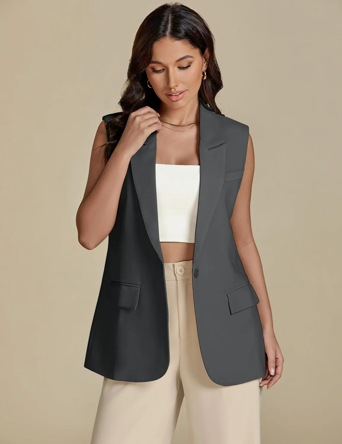 luvamia Long Vest for Women 2025 Spring Business Casual Sleeveless Open Front Blazers Suit Vests Top Pockets Work Office