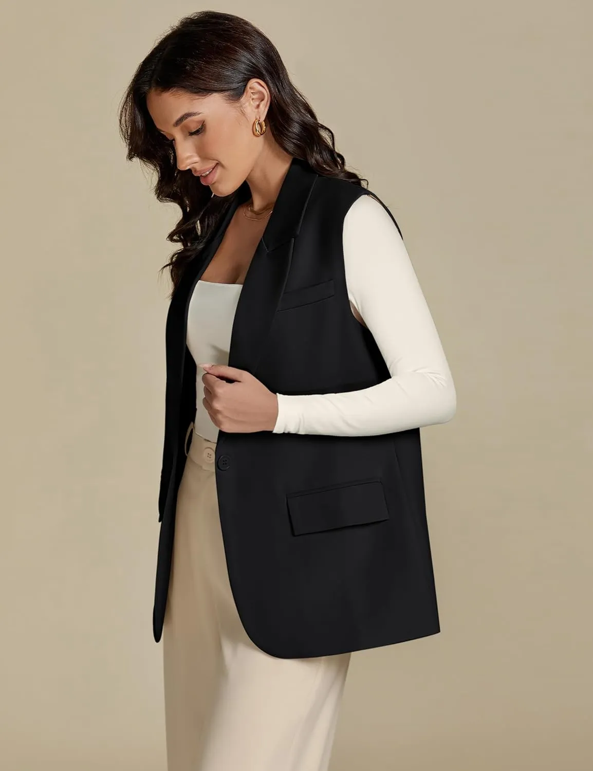 luvamia Long Vest for Women 2025 Spring Business Casual Sleeveless Open Front Blazers Suit Vests Top Pockets Work Office