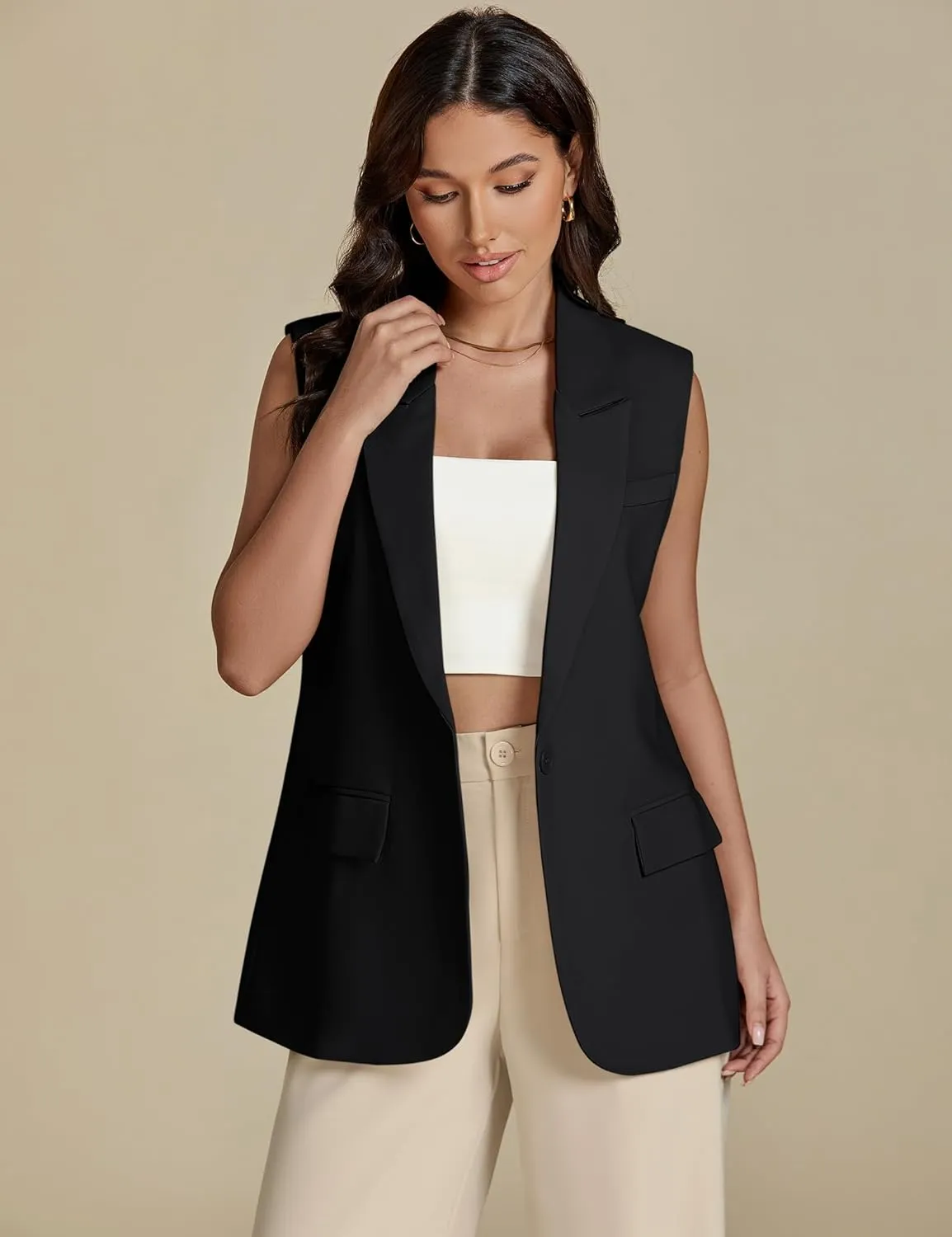 luvamia Long Vest for Women 2025 Spring Business Casual Sleeveless Open Front Blazers Suit Vests Top Pockets Work Office