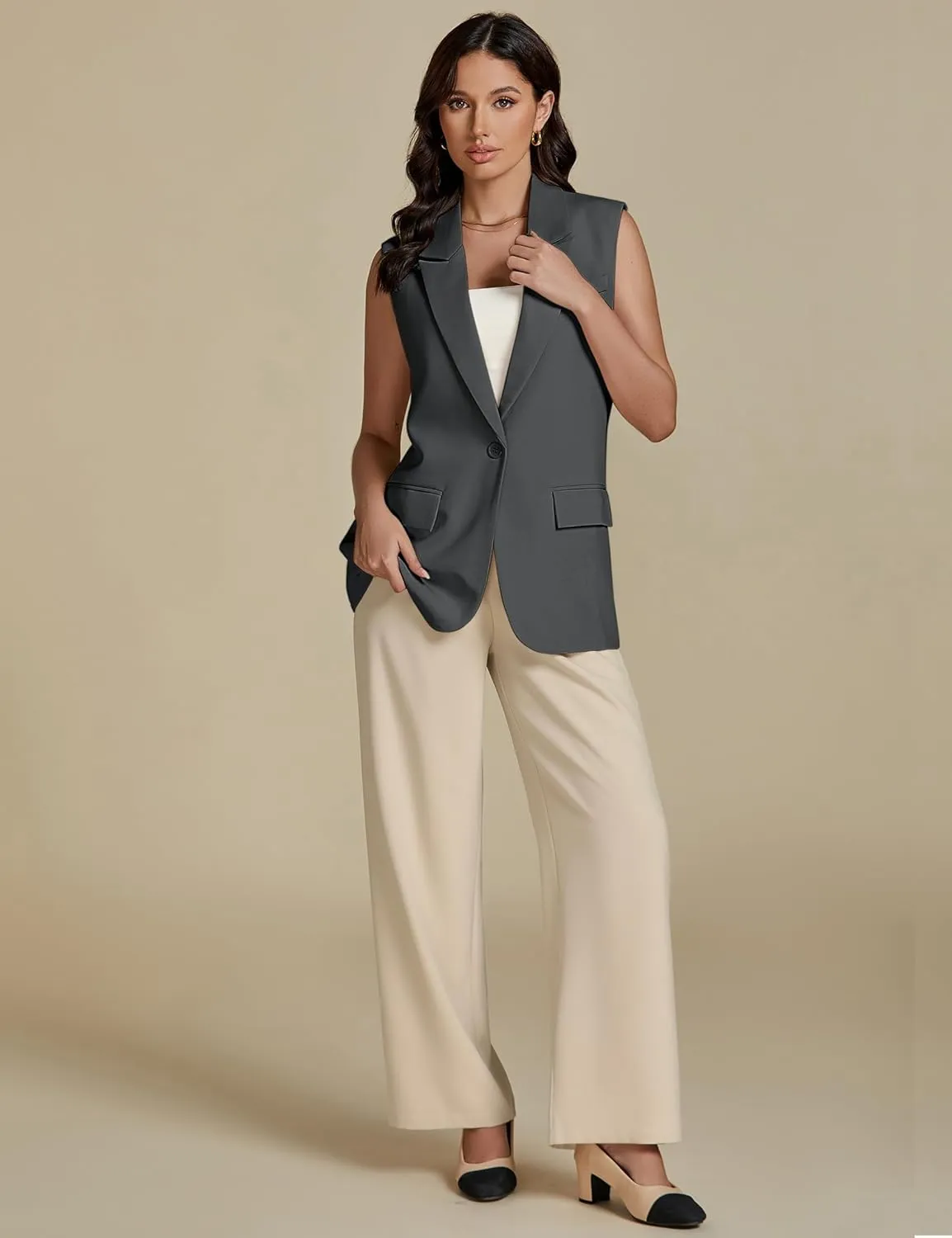 luvamia Long Vest for Women 2025 Spring Business Casual Sleeveless Open Front Blazers Suit Vests Top Pockets Work Office