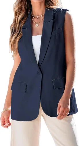 luvamia Long Vest for Women 2025 Spring Business Casual Sleeveless Open Front Blazers Suit Vests Top Pockets Work Office
