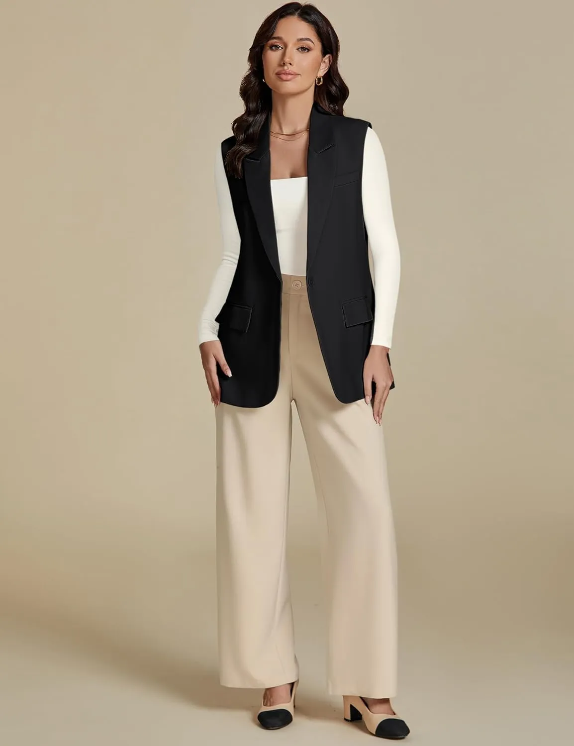 luvamia Long Vest for Women 2025 Spring Business Casual Sleeveless Open Front Blazers Suit Vests Top Pockets Work Office