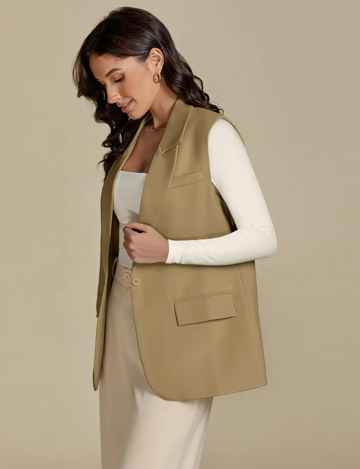 luvamia Long Vest for Women 2025 Spring Business Casual Sleeveless Open Front Blazers Suit Vests Top Pockets Work Office
