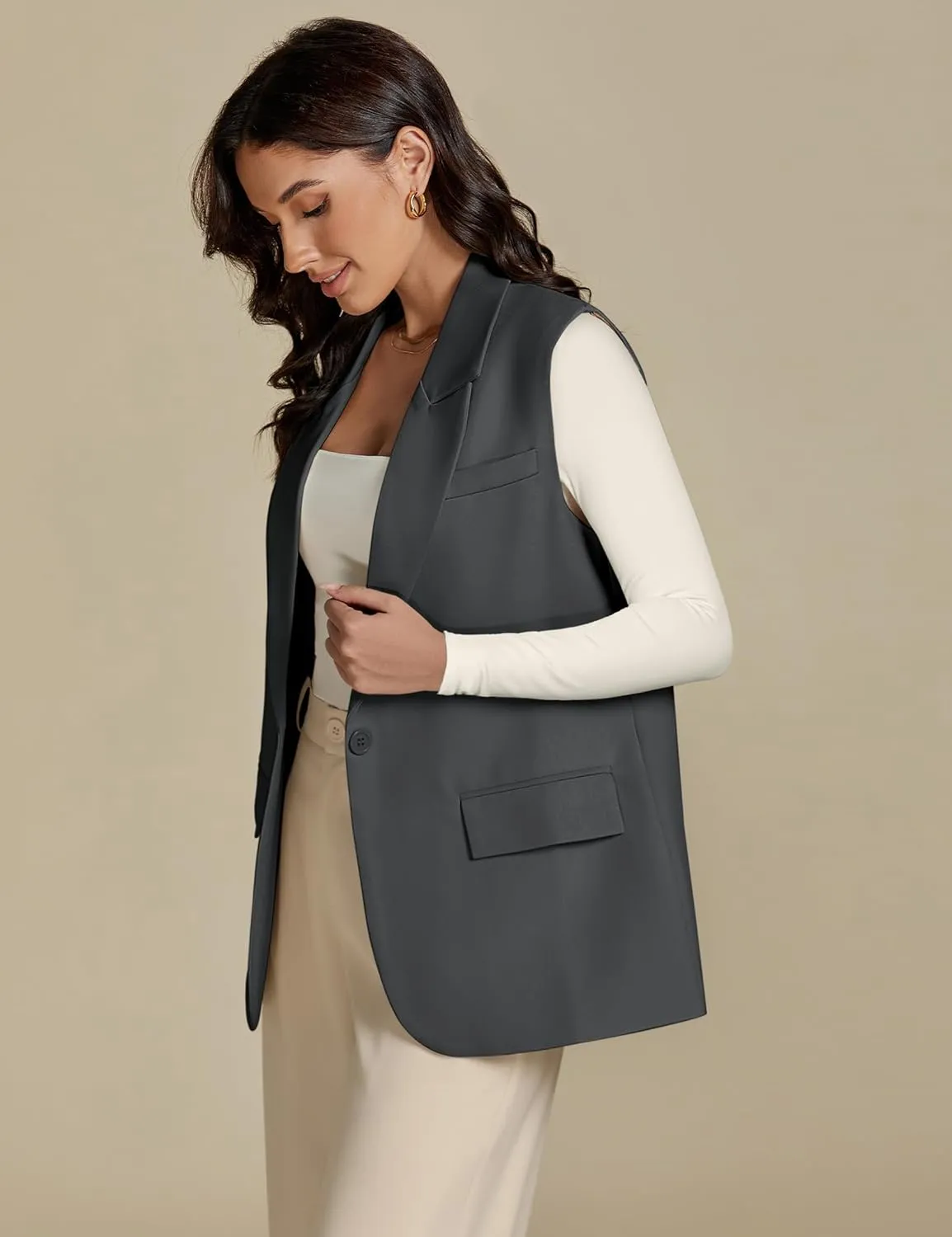 luvamia Long Vest for Women 2025 Spring Business Casual Sleeveless Open Front Blazers Suit Vests Top Pockets Work Office