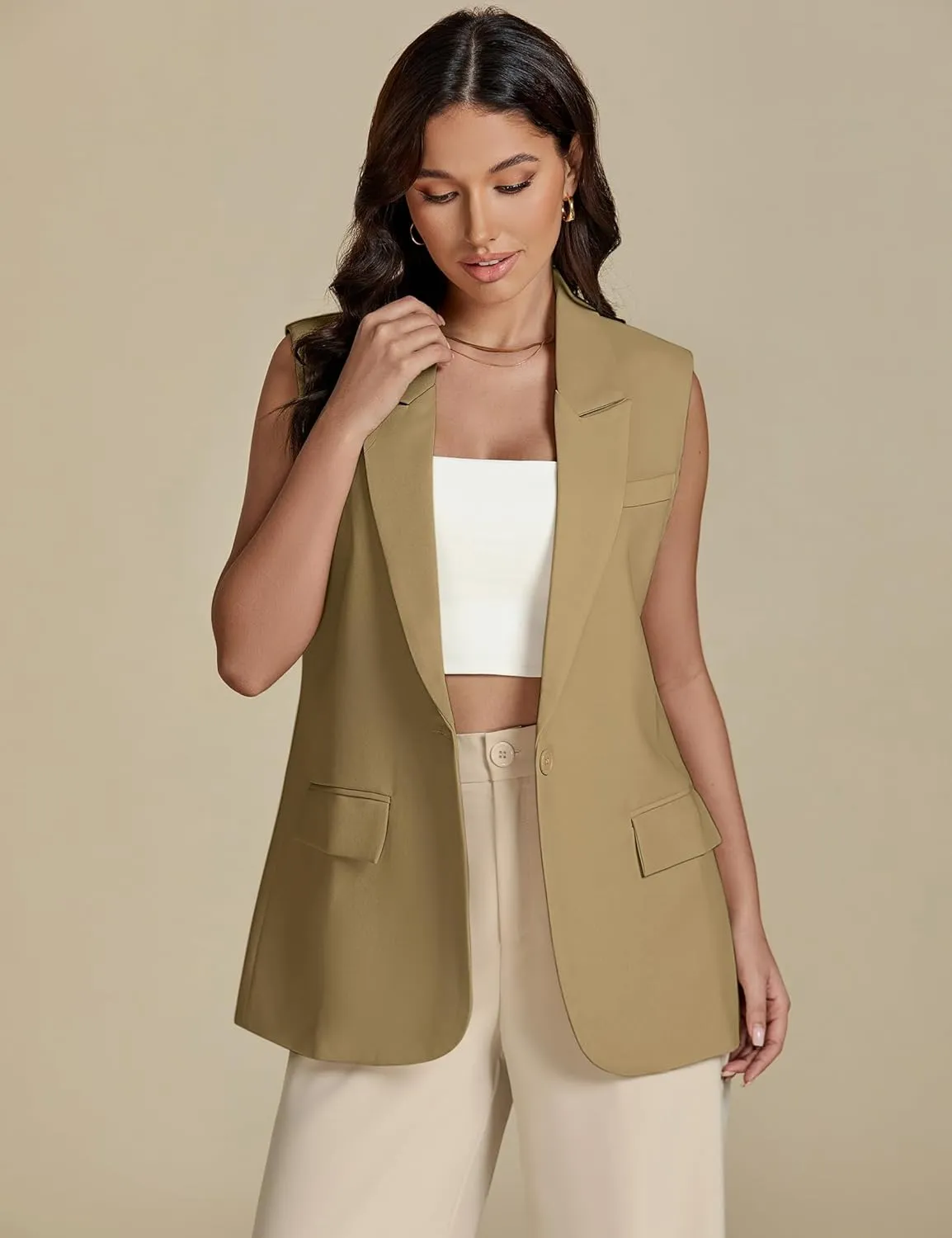 luvamia Long Vest for Women 2025 Spring Business Casual Sleeveless Open Front Blazers Suit Vests Top Pockets Work Office
